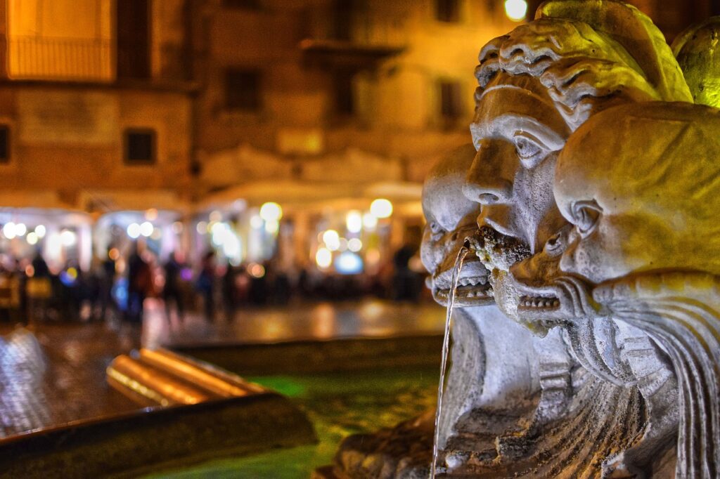 moor fountain, rome, fontana del moro, piazza navona, italy, neptune, sculpture, dolphin, europe, tourism, night, tourist, city, rome, rome, rome, rome, rome, dolphin